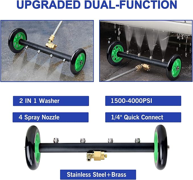 EVEAGE 2-in-1 Undercarriage Pressure Washer Attachment, 16" Pressure Washer Undercarriage Cleaner, Underbody Sprayer with Extension Rods Wash Mitt, Green