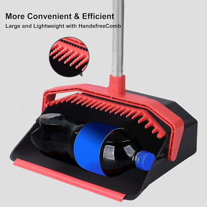 Tiumso Upgrade Broom and Dustpan Set, 51'' Sturdy Long Handle, Large Upright Stand Up Broom and Dustpan, ZeroGap Lip, Self-Cleaning Dustpan Teeth for Lobby Kitchen Office Floor - Black and Red