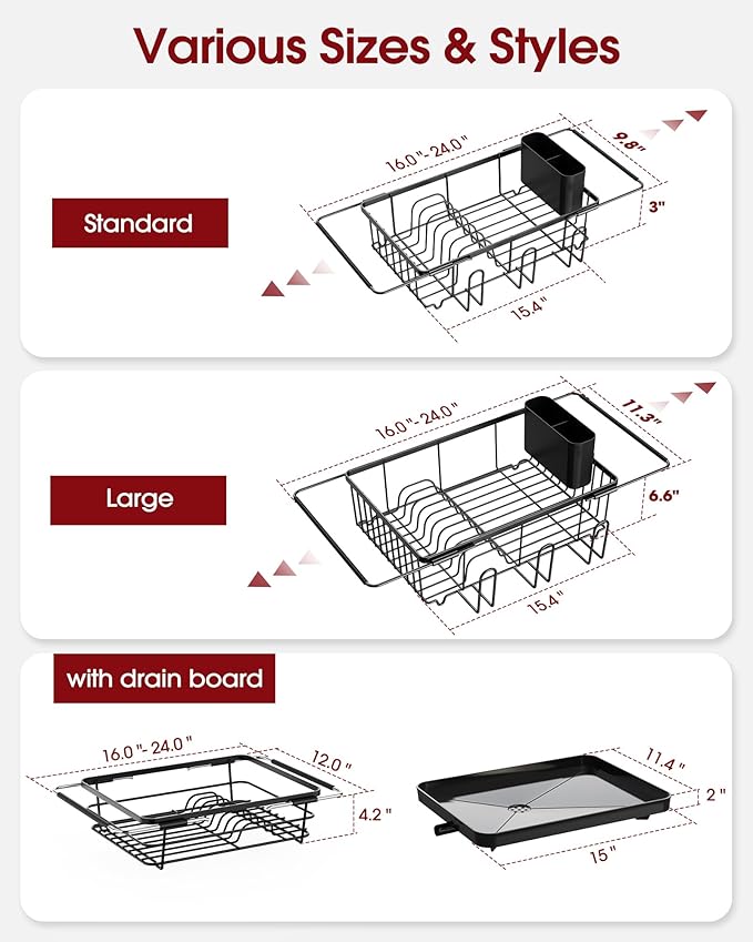 Sakugi Dish Drying Rack in Sink - Expandable Stainless Steel Dish Rack Over The Sink, Kitchen Sink Drain Strainer with Cutlery Holder & Cup Holders, 15.4 x 11.3 x 6.6 Inch, Black