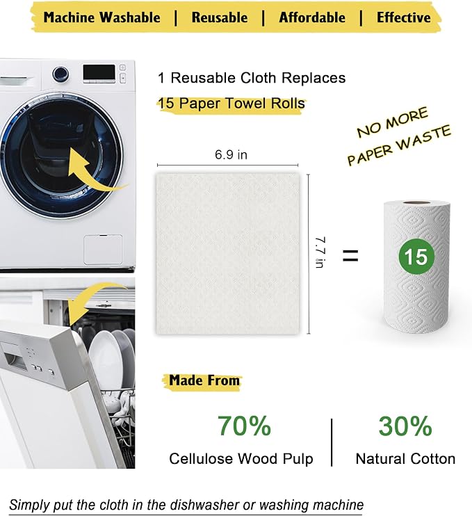 MoLKENE Swedish Dishcloths for Kitchen | 6 Pack Absorbent Cellulose Sponge Cloths Washable | Non-Scratch Reusable Paper Towels Quick Drying Cleaning Cloths - White