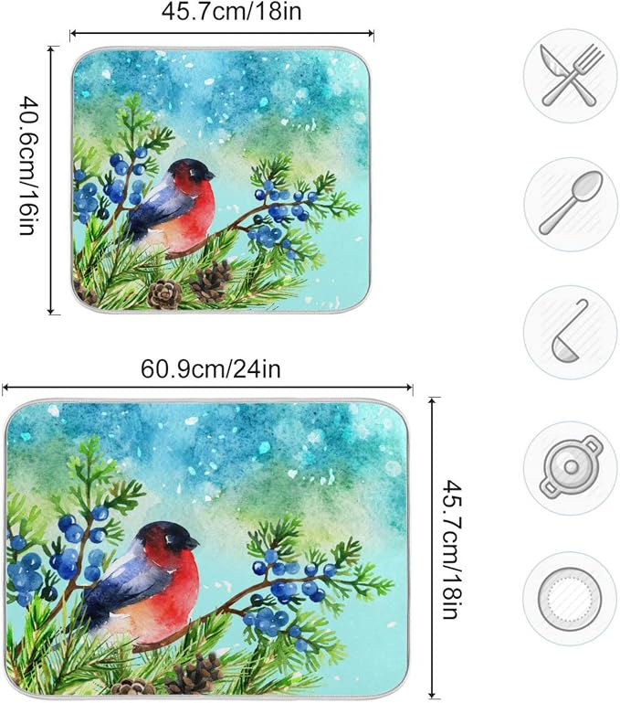 Absorbent Dish Drying Mat for Kitchen Counter - Winter Snow Blue Bird Microfiber Drying Pad, Reversible Drainer Mats for Countertop, Large 18" x 24"