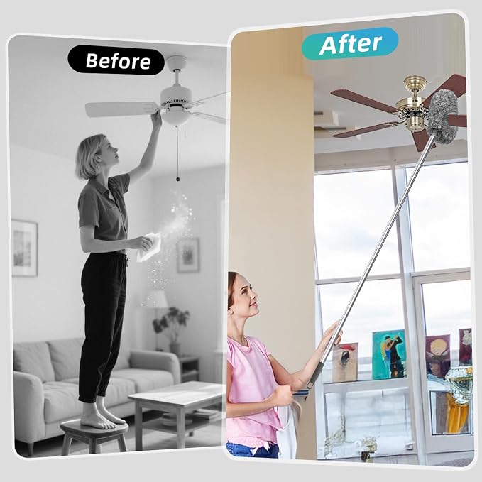 DRQ Ceiling Fan Cleaner Duster, 2 Pack Reusable Microfiber Duster with Extension Pole, 13 to 48 Inch Fan Blade Cleaner, Removable Dusters for Cleaning Walls Bookshelves Door Window Top (Grey)