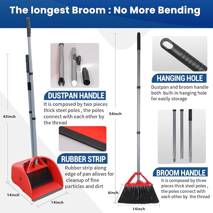 Commercial Broom and Dustpan Set, Jumbo Lobby Debris Dustpan (14inch*14inch), Heavy Duty Broom (14inch Width), 2 Sets, Red,for Indoor and Outdoor Cleaning,Red