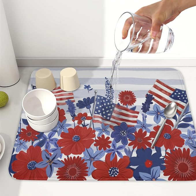Patriotic Floral Dish Drying Mat for Kitchen Counter 4th of July American Flag Microfiber Dish Drainer Mat Red and Blue Flower Absorbent Washable Drying Pad 16"x18"