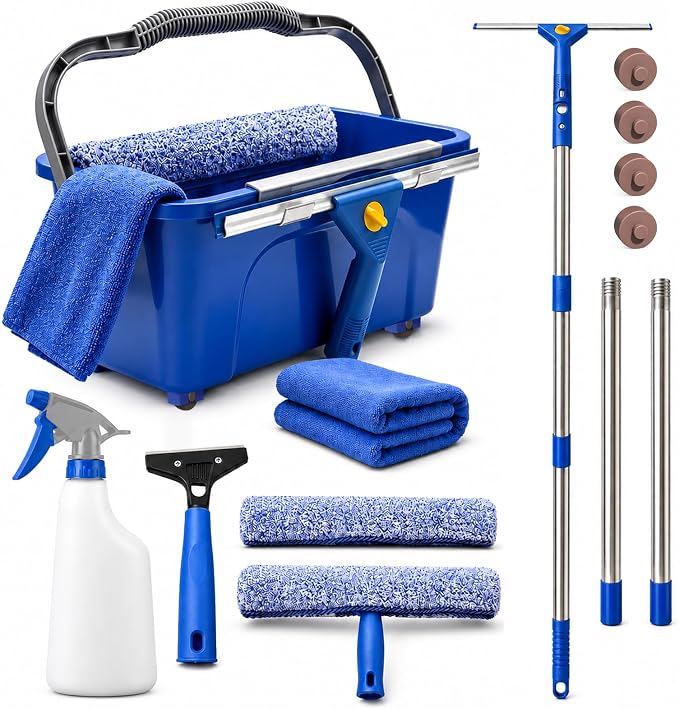 Window Cleaning Kit with Extendable Long Handle, Professional Window Squeegee & Window Washer Tool Set for Indoor Outdoor High Windows, Glass, RV & Shower Doors