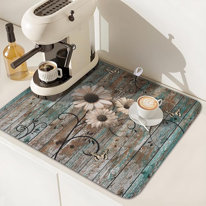 Vintage Daisy Floral Wooden Board Dish Drying Mat 16x18 Inch | Rustic，Polyester，Absorbent Microfiber，for Kitchen Coffee Dining Bar Decor