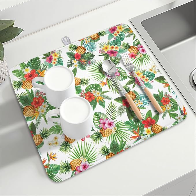 Summer Tropical Dish Drying Mat for Kitchen Counter Hawaii Palm Leaves Floral Pineapple Microfiber Dish Drainer Mat Rustic Absorbent Washable Drying Pad Extra Large 16"x18"