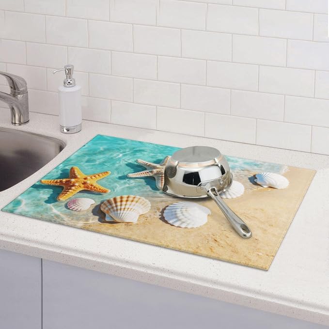 Ocean Sea Dish Drying Mat for Summer Kitchen Counter, Microfiber Absorbent Beach Dish Draining Mat Extra Large 18"x24"