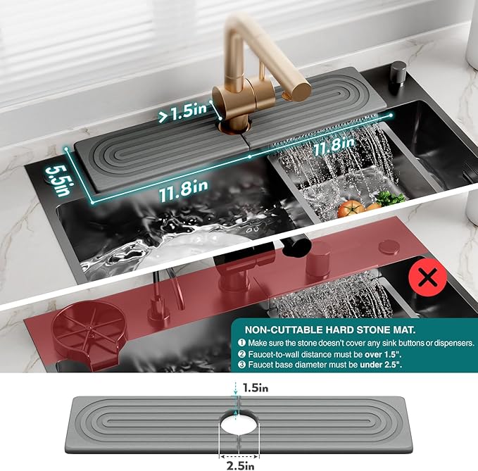 eormoe Kitchen Faucet Absorbent Mat - Large Diatomaceous Earth Splash Guard for Sink Faucet, Aesthetic Water Absorbing Stone Tray in The Modern Home (Grey, 23.6" x 5.5")