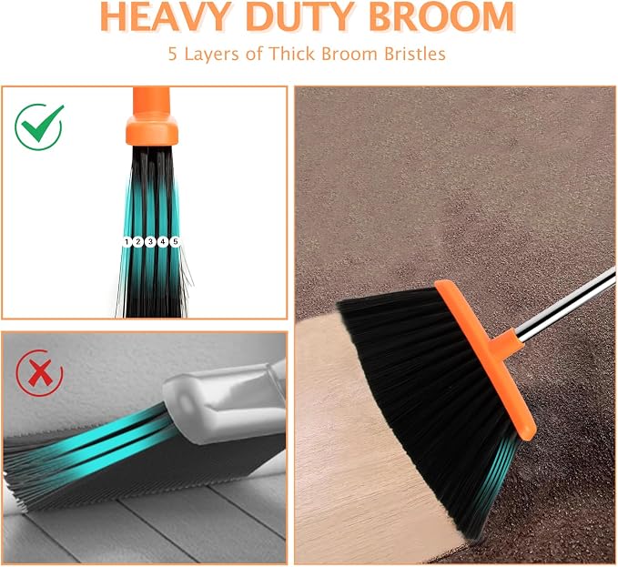 Broom and Dustpan Combo Set,Long Handle, Brown Orange | Heavy Dust, Dustpans with Broom Combo for Home, Kitchen, Office, Classroom,Apartment, Pet Hair