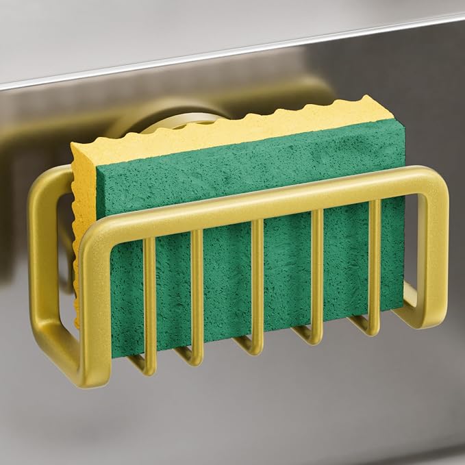 TAILI Sponge Holder for Kitchen Sink with Strong Suction Cup, Rustproof Aluminum Sink Caddy for Sponges, Removable Sponge Holder, Dish Brush for Scraper - Gold