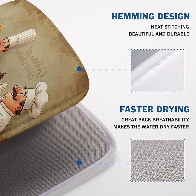 Fat Chef Dish Drying Mat For Kitchen Counter 18x24 Inch Microfiber Absorbent Drying Pad Chef Kitchen Drying Mat Dishes Pad Dish Drainer Rack Mats For Coffee Bar Decor Mats