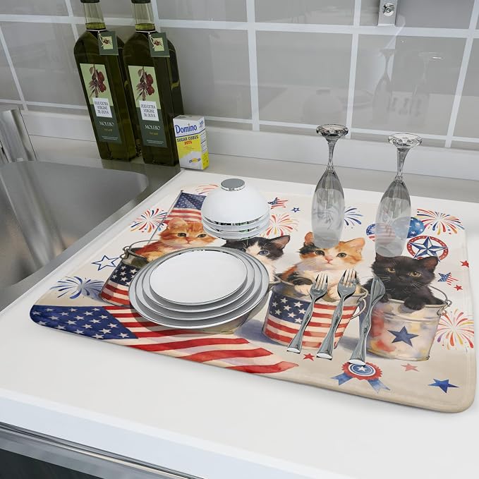 Vintage Patriotic Dish Drying Mat Cute Cats American Flag Drying Matt Kitchen Counter for Home Decor