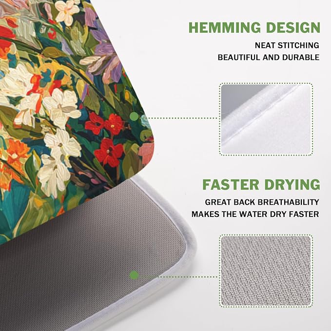 Spring Summer Floral Cat Dish Drying Mat for Kitchen Counter Abstract Oil Painting Wildflower Microfiber Dish Drainer Mat Rustic Absorbent Washable Drying Pad 16"x18"