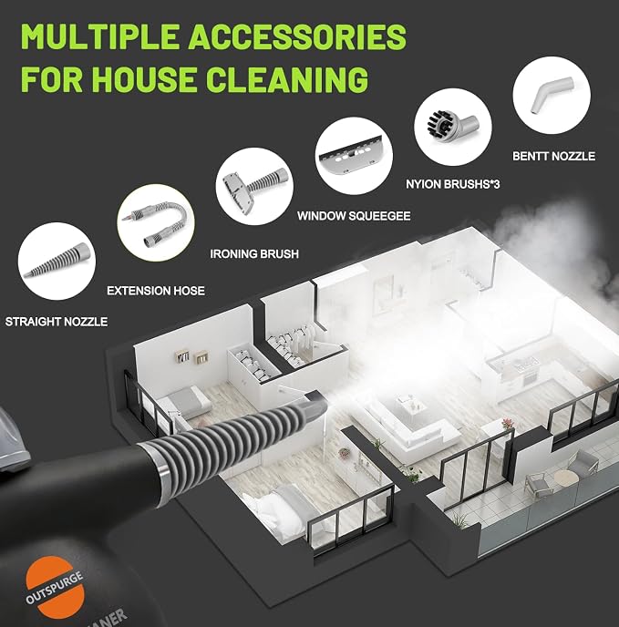 Handheld Steam Cleaner, Pressurized Multi-Surface Steam Shot with 13 Accessories, Safety Lock, Steamer for Cleaning Floor, Upholstery, Grout, Windows, Couch and Car (Black)