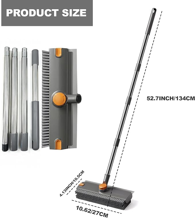 Floor Scrub Brush with Long Handle 3 in 1 Heavy Duty Stiff Bristle Scrubber Brush with Scraper V-Shaped Double-Sided Cleaning Brushes for Pool Tile, Grout,Crevices,Shower,Bathroom,Wall,Patio (Grey)