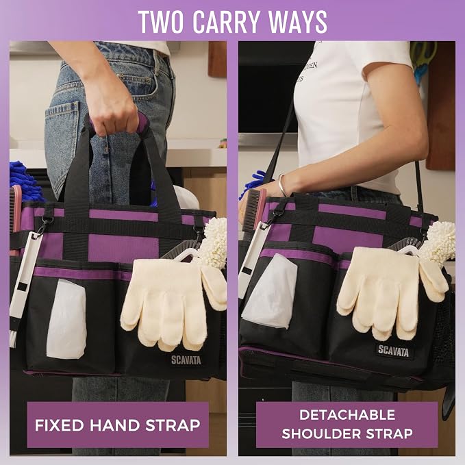 SCAVATA Compact Wearable Cleaning Caddy with Handle & Shoulder Straps | Small Cleaning Supplies Organizer, Under Sink & Car Cleaning Tools Storage Bag for Housekeepers Cleaners, RoyalPurple