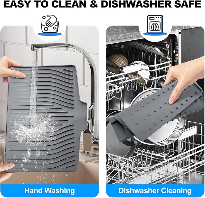Silicone Dish Drying Mat for Kitchen Countertops and Sinks,19 x13.7 Inch Non Slip Heat Resistant Mat with Built In Drainage System,For Refrigerator and Drawer Liners (Gray, 19 x13.7 Inch)