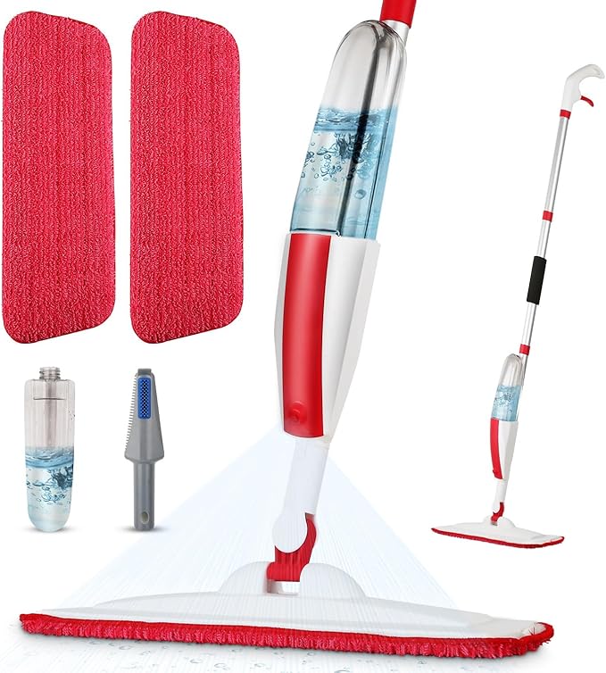 Wet Spray Mop for Floor Cleaning with 14 oz Bottle & 2 Microfiber Pads | Refillable bottle, washable pads, dry/wet use for home or commercial cleaning on hardwood, laminate, wood & ceramic floors