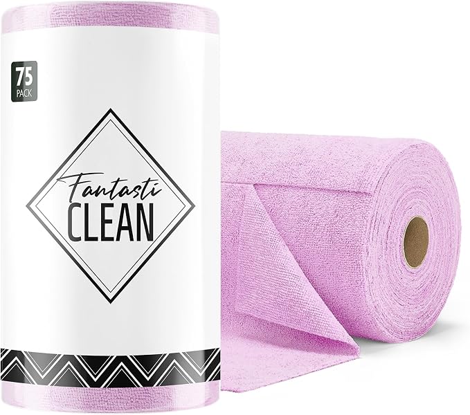 Fantasticlean Microfiber Cleaning Cloth Roll-75 Sheets, 12" x 12" (Purple) | Super Absorbent, Lint-free, Tear-away Microfiber Towel Roll, for All-Purpose Cleaning, Reusable Alternative to Paper Towels