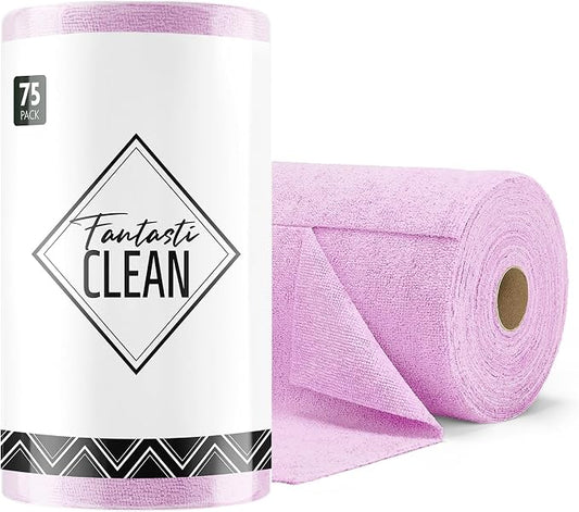 Fantasticlean Microfiber Cleaning Cloth Roll-75 Sheets, 12" x 12" (Purple) | Super Absorbent, Lint-free, Tear-away Microfiber Towel Roll, for All-Purpose Cleaning, Reusable Alternative to Paper Towels
