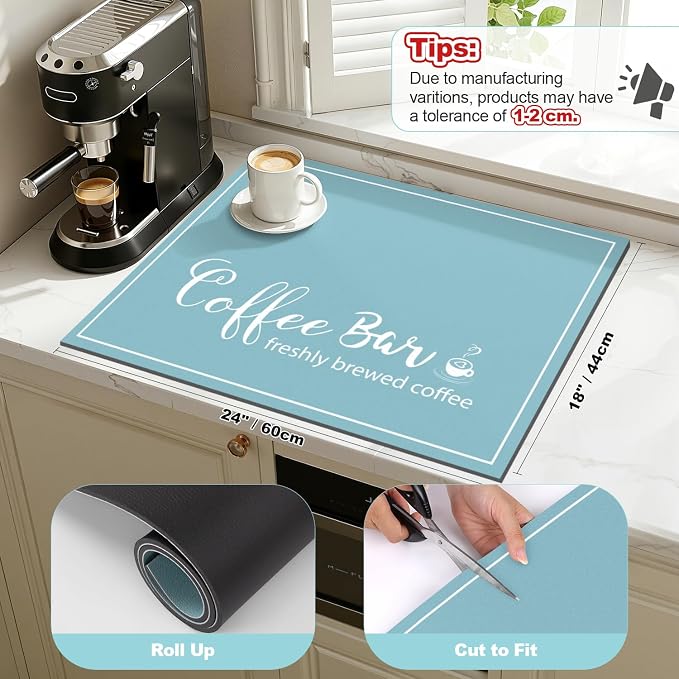 Findosom Dish Drying Mat, 18" x 24" Super Absorbent & Hide Stain Coffee Mat, Cuttable Drying Mat for Kitchen Counter, Coffee Bar Accessories, Under Dish Rack, Coffee Maker, Espresso Machine, Blue