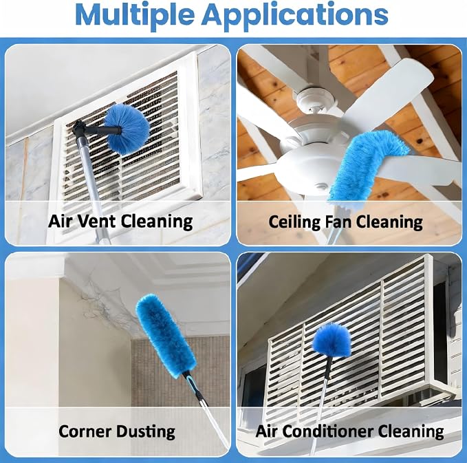 36ft High Ceiling Duster Kits with 5-30ft Heavy Duty Extension Pole - Fan Blade Cleaner, Cobweb Remover & Blue Window Squeegee Kit, Washable Dust Brush for High Roof and Glass Surfaces