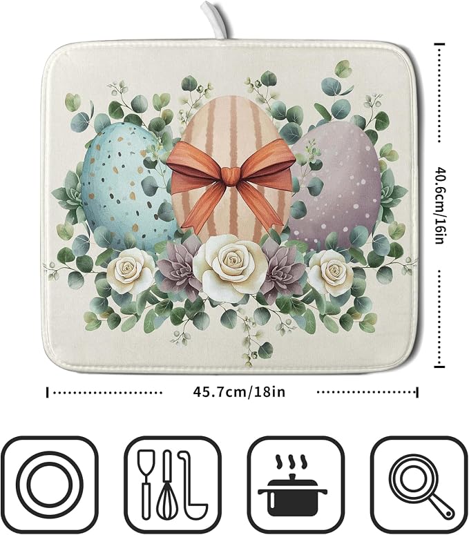 Happy Easter Eggs Dish Drying Mat 16x18 Inch Easter Day Eggs Flowers Dishes Pad Dish Drainer Rack Mats Absorbent Fast Dry Kitchen Accessories Spring Easter Holiday Drying Mat for Countertop Tableware