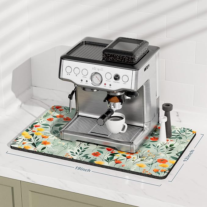 Rnivvi Coffee Mat, 12" x 19" Cute Coffee Bar Mats for Espresso Machine Station Accessories and Organizer, Hide Stain Rubber Backed Absorbent Dish Drying Pad for Kitchen Counter, Abstract Flowers