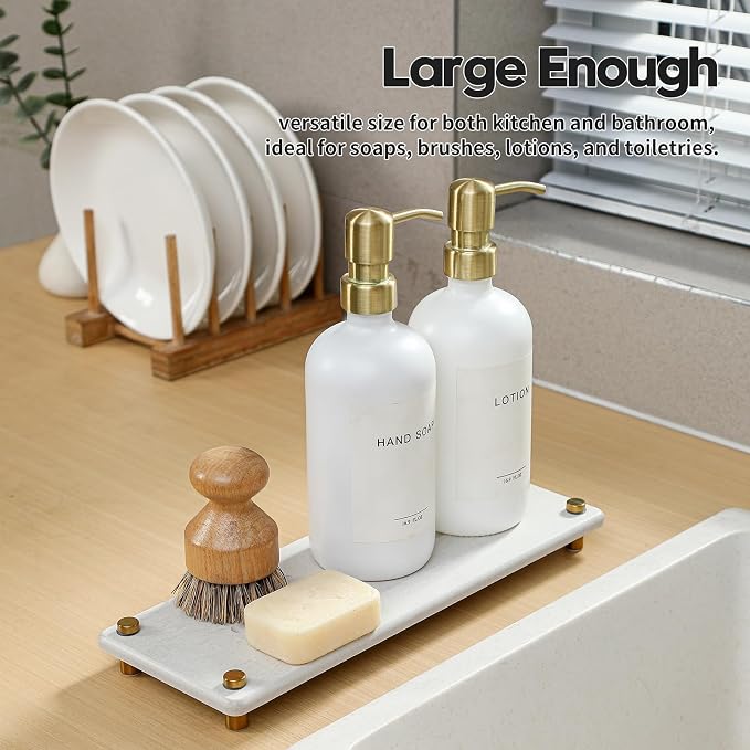 Razborci Water Absorbing Stone Sink Caddy Kitchen Sink Organizer Tray, Diatomite Bathroom Counter Tray, Gold Faucet Drying Mat Coaster Soap Dish Rack Riser Dispenser Sponge Holder, Beige 12.5" x 4.5"