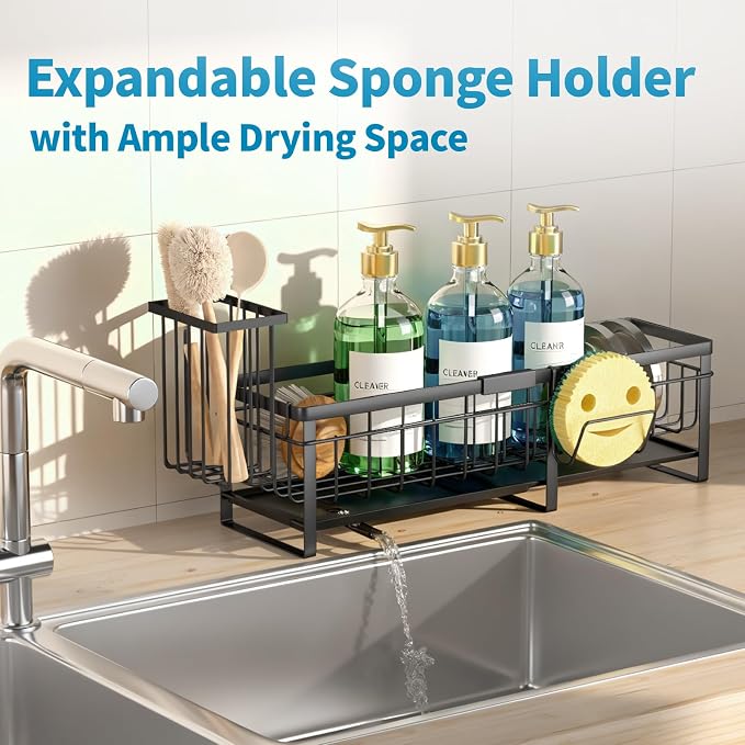 Aurblozen Extra Large Extendable Sponge Holder for Kitchen Sink, Rustproof Sink Caddy Organizer with High Brush Holder, Dish Soap Dispenser Organizers and Storage (Black)
