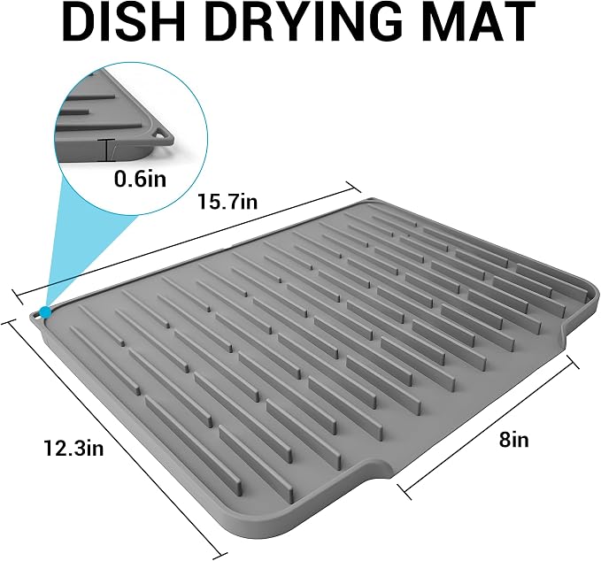 Foldable Silicone Dish Drying Mat for Kitchen Counter & Sink - Quick Dry, Space Saving, Non-Slip Pad for Small Apartments & Coffee Bar Dark Grey