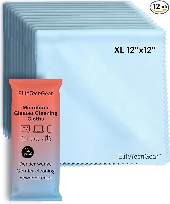 Elite Tech Gear Microfiber Cleaning Cloths for Glasses & Screens, 12-Pack | Blue - Large 12"x12" - Streak-free - Safe for Delicate Lenses - Washable - Clean Glasses, TVs, Phones, DSLR and Coated Lenses