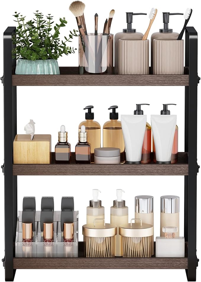 HNRLOY Bathroom Counter Organizer,Bathroom Countertop Organizer,Counter Shelf,Countertop Storage,Organization and Storage,Makeup Shelf,Sink Caddy(Brown 3 Tier)