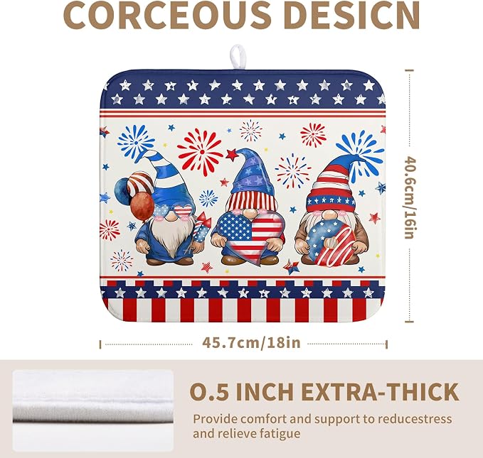Patriotic Gnome Drying Mat 16x18 Inch American Memorial Day Independence Day Microfiber Dish Drainer Super Absorbent Dish Rack Mat for Kitchen Counter Holiday Decor