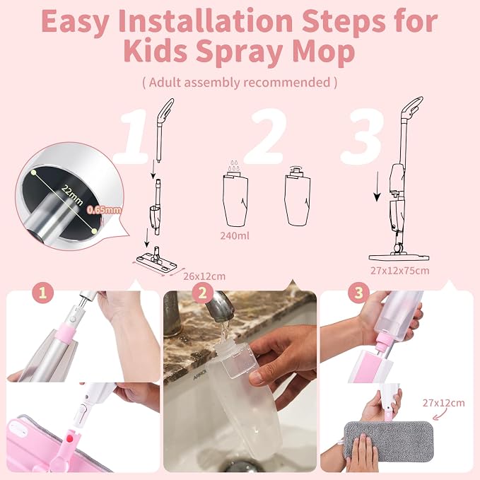 Kids Spray Mop,Fun & Functional Toddler Cleaning Set,Real Working Mop for Floors,Pretend Play – Includes Spray Bottle, 2 Washable Microfiber Pads, Montessori Kids Cleaning Toy Set -Pink