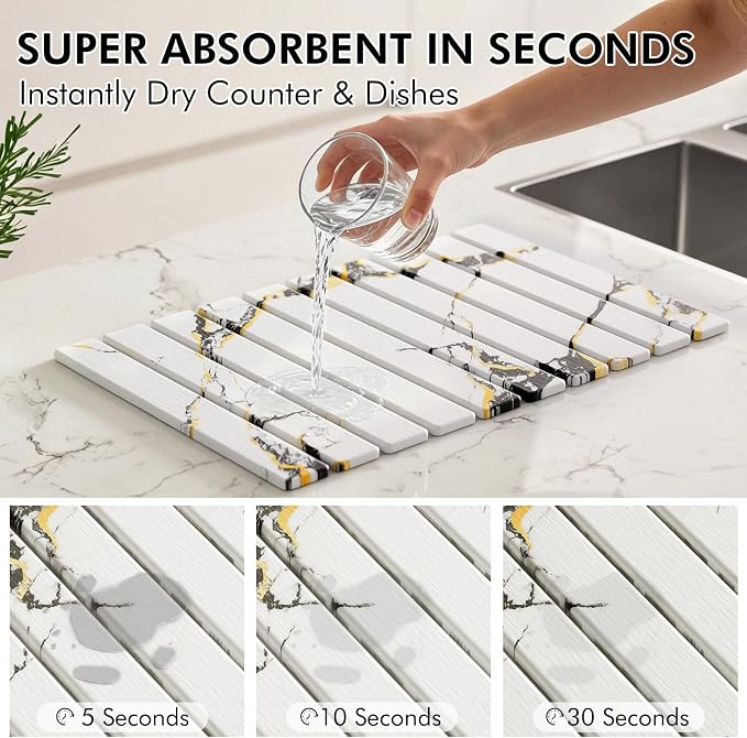 4 Pcs Stone Dish Drying Mat for Kitchen Counter, 24''x16'' Super Absorbent Diatomaceous Earth Stone Drying Mat Faucet Mat with 2 Coasters, Quick Dry Mat for Kitchen Counter Dishes Cups