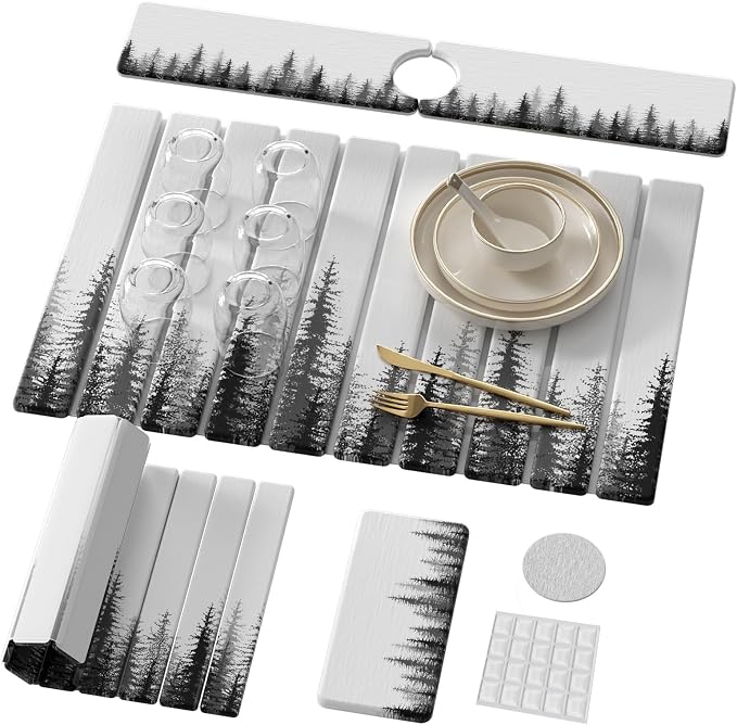4-Piece Large Stone Dish Drying Mat for Kitchen Counter, 24"x16" Super Absorbent Diatomaceous Earth Drying Mat Set with Faucet Mat & Small Utility Mat, Rollable Quick Dry Pad for Dishes, Cups, Bottles