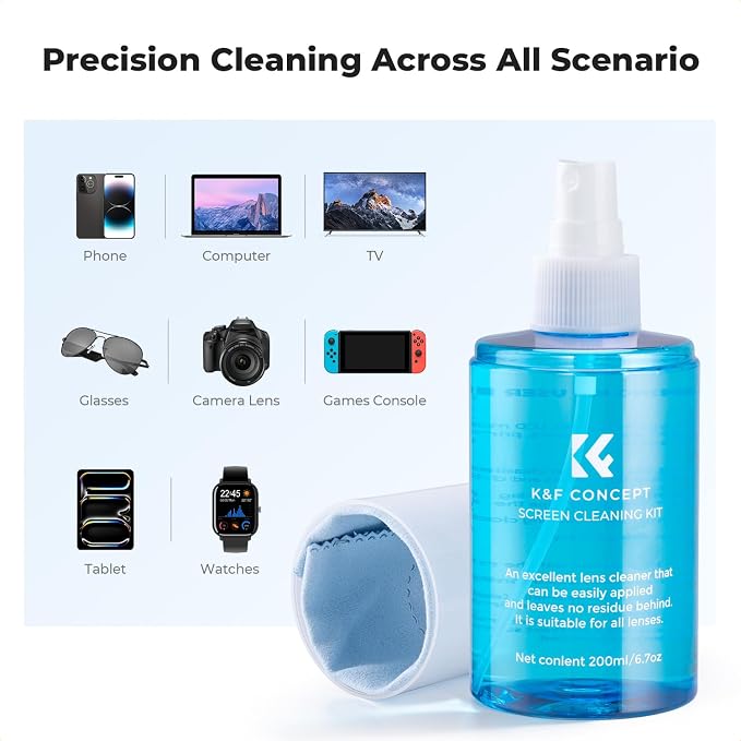 K&F CONCEPT 200ML Screen Cleaner Spray, with 2 Microfiber Cleaning Cloth | Double-Sided Velvet Cleaning Cloth,High-Efficiency Cleaning,Safe Formula Cleaner,Streak-Free,for TVs Tablets Phone Laptops