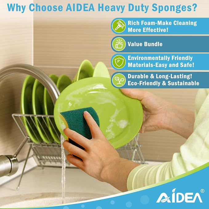 AIDEA Sponges Kitchen, 50-PK Heavy Duty Dish Sponge Kitchen, Scrub Sponges | Dish Sponges Stink-Free, Cleaning Dish Scrubber Sponges for Home & Restaurant, Bathroom, Bulk Sponges for Pots/ Pans 4 Colors