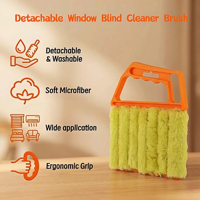 Blind Cleaner Brush with Detachable Microfiber Sleeves, Ergonomic Handle, 7-Finger Duster for Blinds, Air Vents, Car Vents, 5.31 x 6.3 Inch