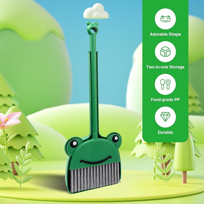 Children's Small Broom Dustpan Set Green Frog Mini Household Cleaning and Pretend Play Set