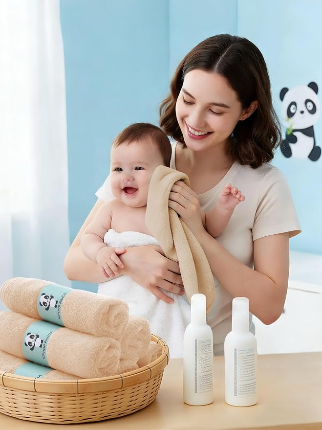 HIPHOP PANDA Baby Washcloths, Rayon Made from Bamboo - 2 Layer Ultra Soft Absorbent Newborn Bath Face Towel - Reusable Baby Wipes for Delicate Skin - Brown, 6 Pack