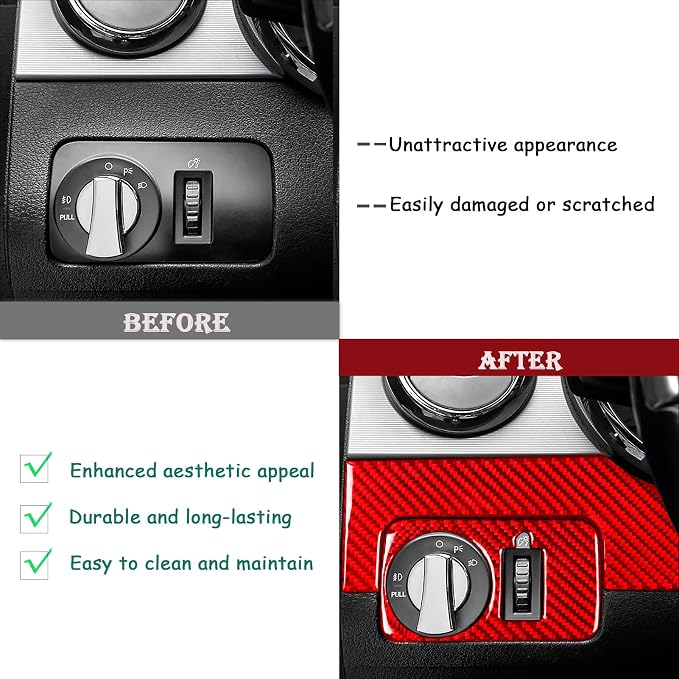 Red Real Carbon Fiber Trim for Ford Mustang Accessories | for GT Shelby 2005 2006 2007 2008 2009 Headlight Switch Panel Cover Interior Thick Overlay Decal 3PCs