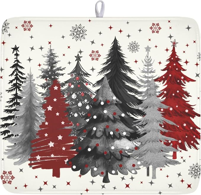 Christmas Gray Red Tree Dish Drying Mat 16x18 Inch Xmas Snowflake | Winter，Polyester，Absorbent Microfiber，for Kitchen Coffee Dining Bar Decor
