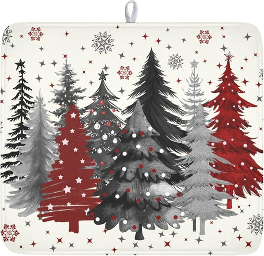 Christmas Gray Red Tree Dish Drying Mat 16x18 Inch Xmas Snowflake | Winter，Polyester，Absorbent Microfiber，for Kitchen Coffee Dining Bar Decor