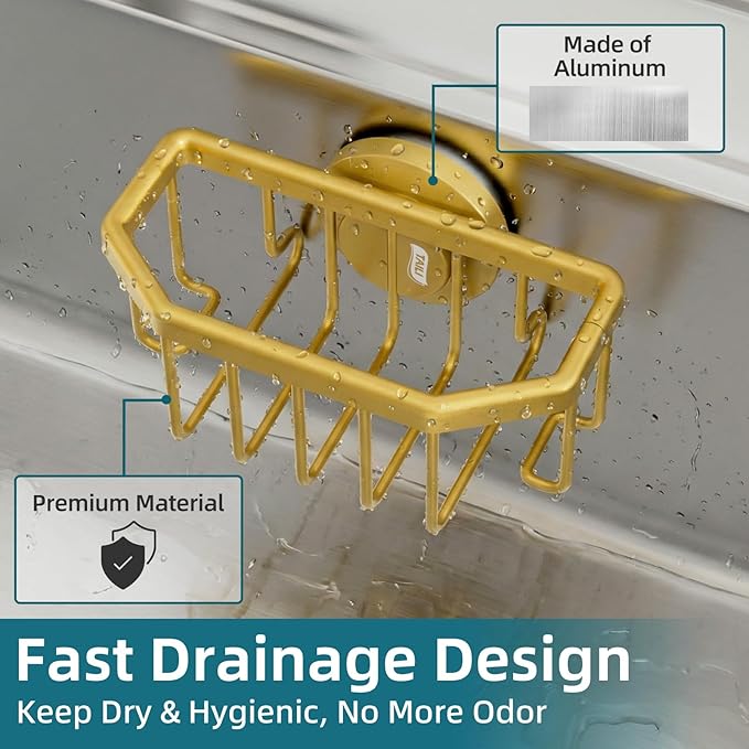TAILI Sponge Holder for Kitchen Sink with Strong Suction Cup Removable, Rustproof Aluminum Sink Caddy for Sponge, Brush, Scrubber, Scraper -Gold
