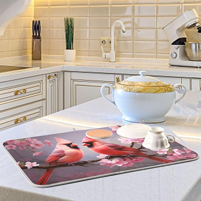 Dish Drying Mat Kitchen Counter Absorbent Red Cardinals Coffee Sink Mat Dish Drainer Pad 18 Inch x 16 Inch