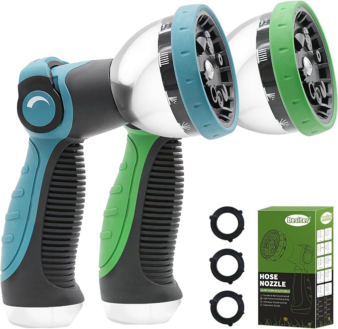 Besiter Garden Hose Nozzle Sprayer: 2 Pack 10 Watering Patterns Spray Nozzles Heavy Duty Metal Hose Head Hose Attachment, Thumb Control On Off Valve