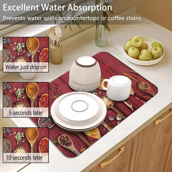 Dish Drying Mat 2-Pack in Kitchen Spices for Kitchen Counter Dishes Mat | Diatom Mud Mats (18x24, 19.5x12"). Non-slip rubber back for kitchen counter, coffee bar & sink scenes